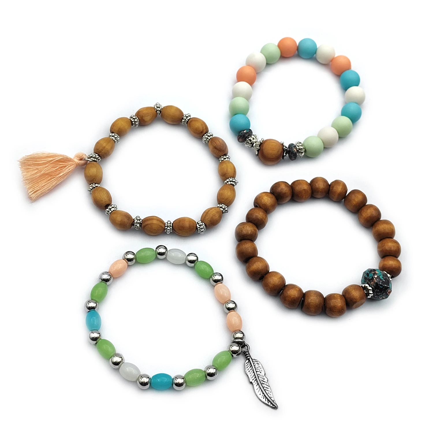 دستبند مهره‌ای چوبی برگ