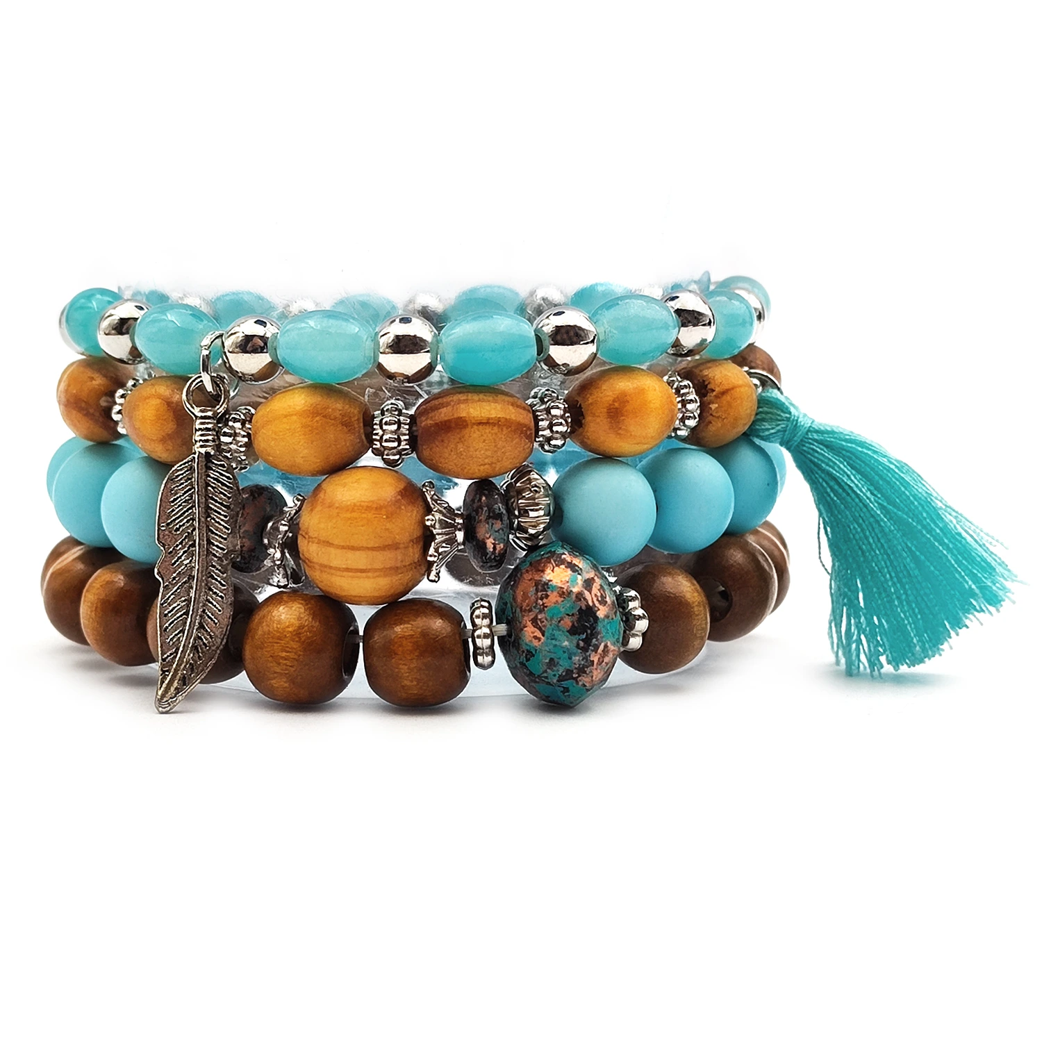 دستبند مهرهای چوبی برگ دستبند مهرهای چوبی برگ