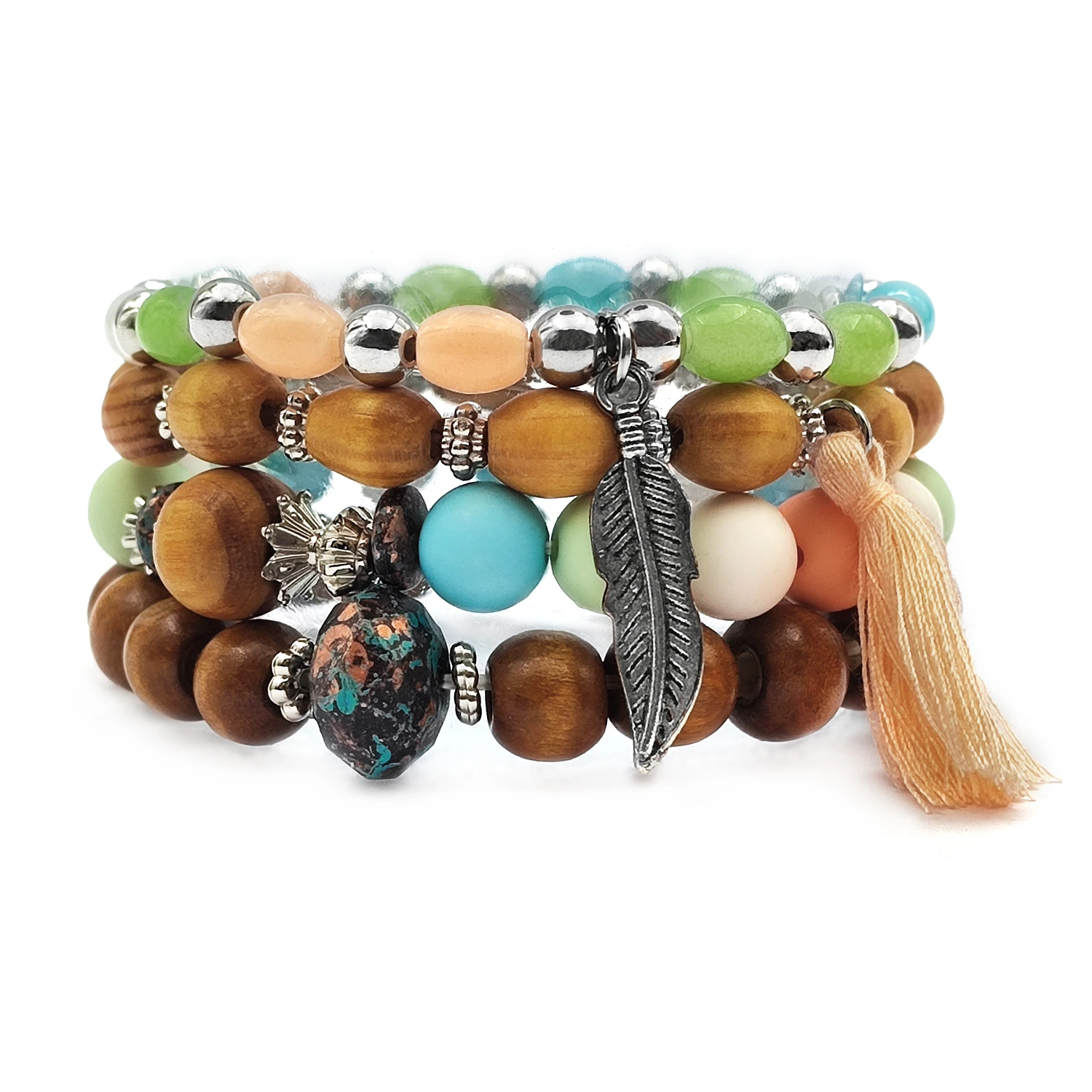 دستبند مهرهای چوبی برگ دستبند مهرهای چوبی برگ