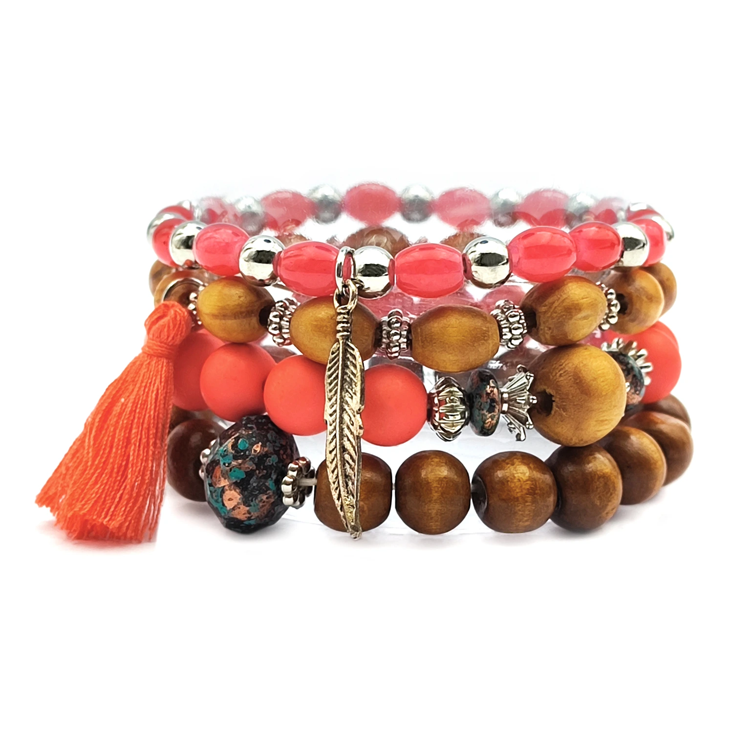 دستبند مهرهای چوبی برگ دستبند مهرهای چوبی برگ