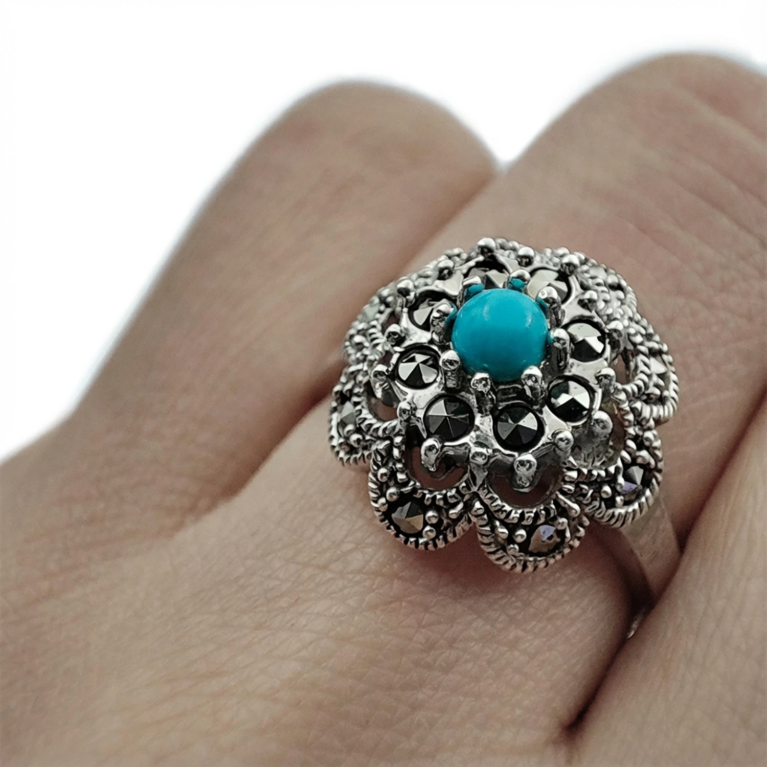 انگشتر سیاه قلم نقره فیروزه
