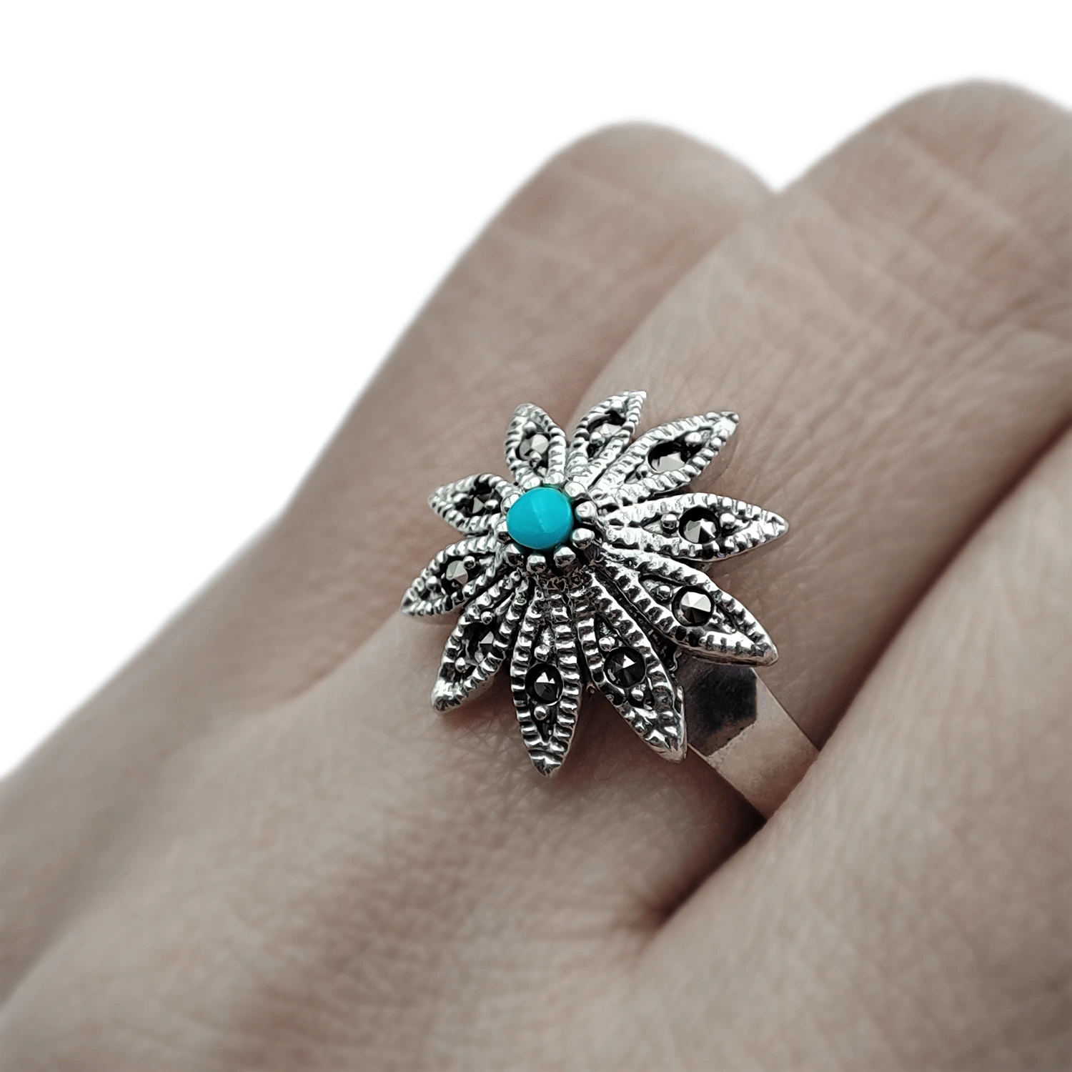 انگشتر  نقره سیاه قلم گل فیروزه