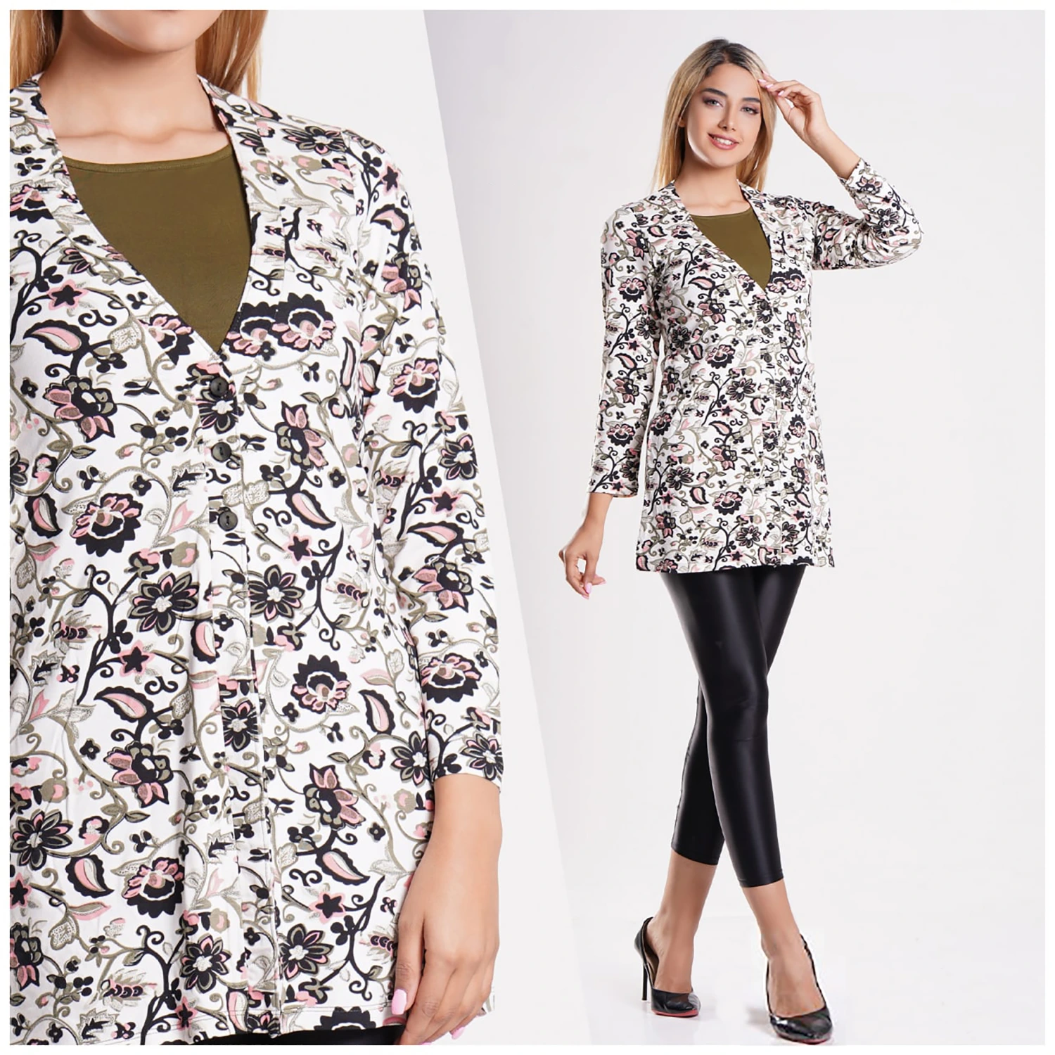 بلوز گلی سه دکمه