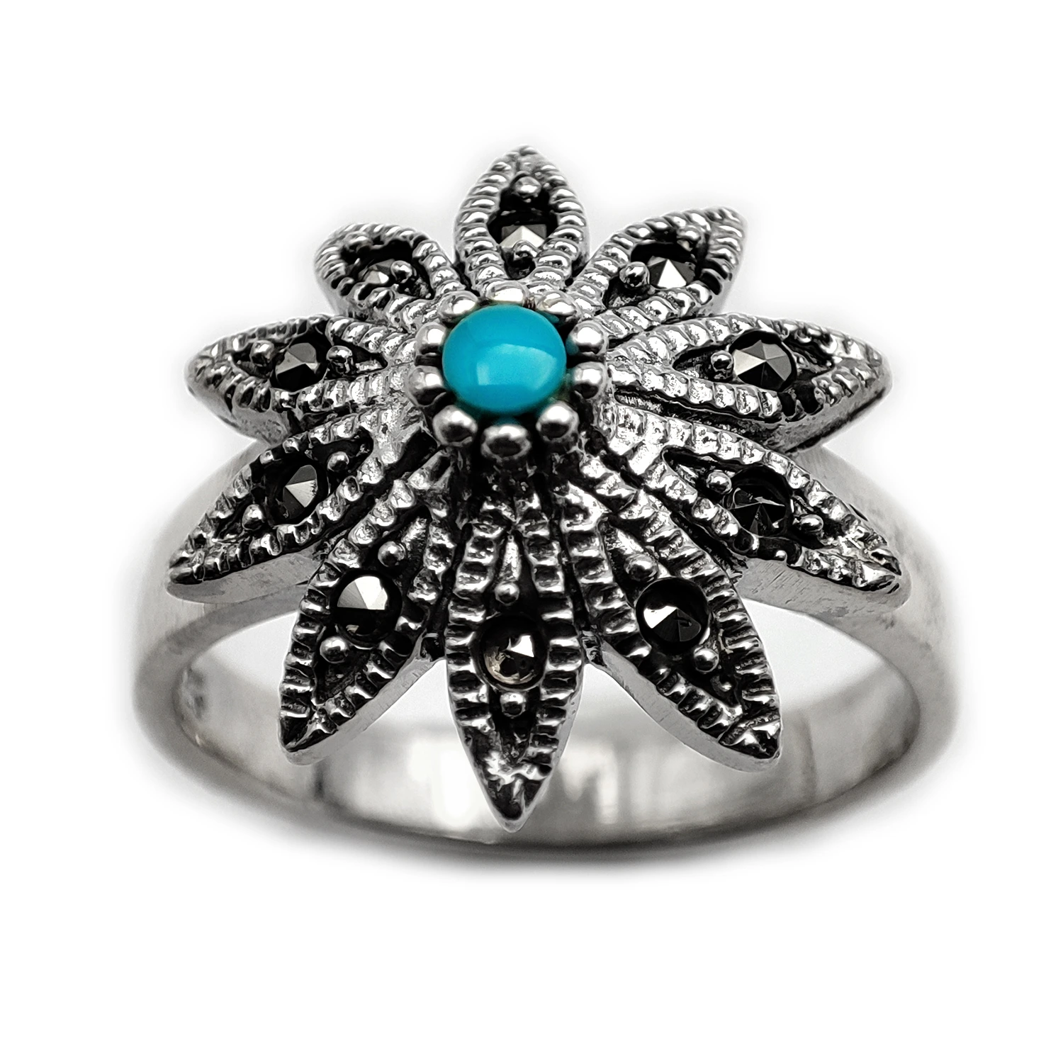 انگشتر  نقره سیاه قلم گل فیروزه