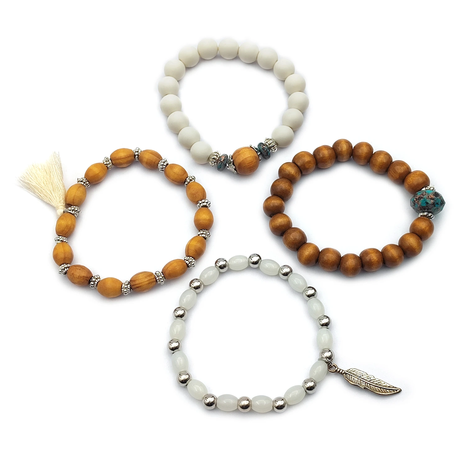 دستبند مهره‌ای چوبی برگ