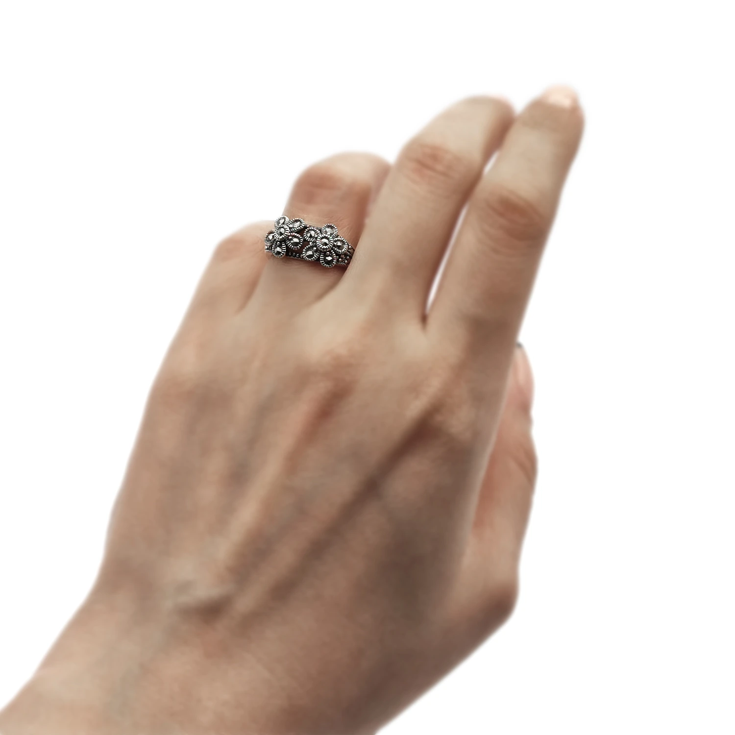 انگشتر سیاه قلم نقره دو گل